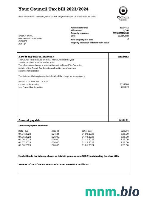 Wielka Brytania Oldham council tax rachunek za usługi komunalne szablon w formacie Word i PDF